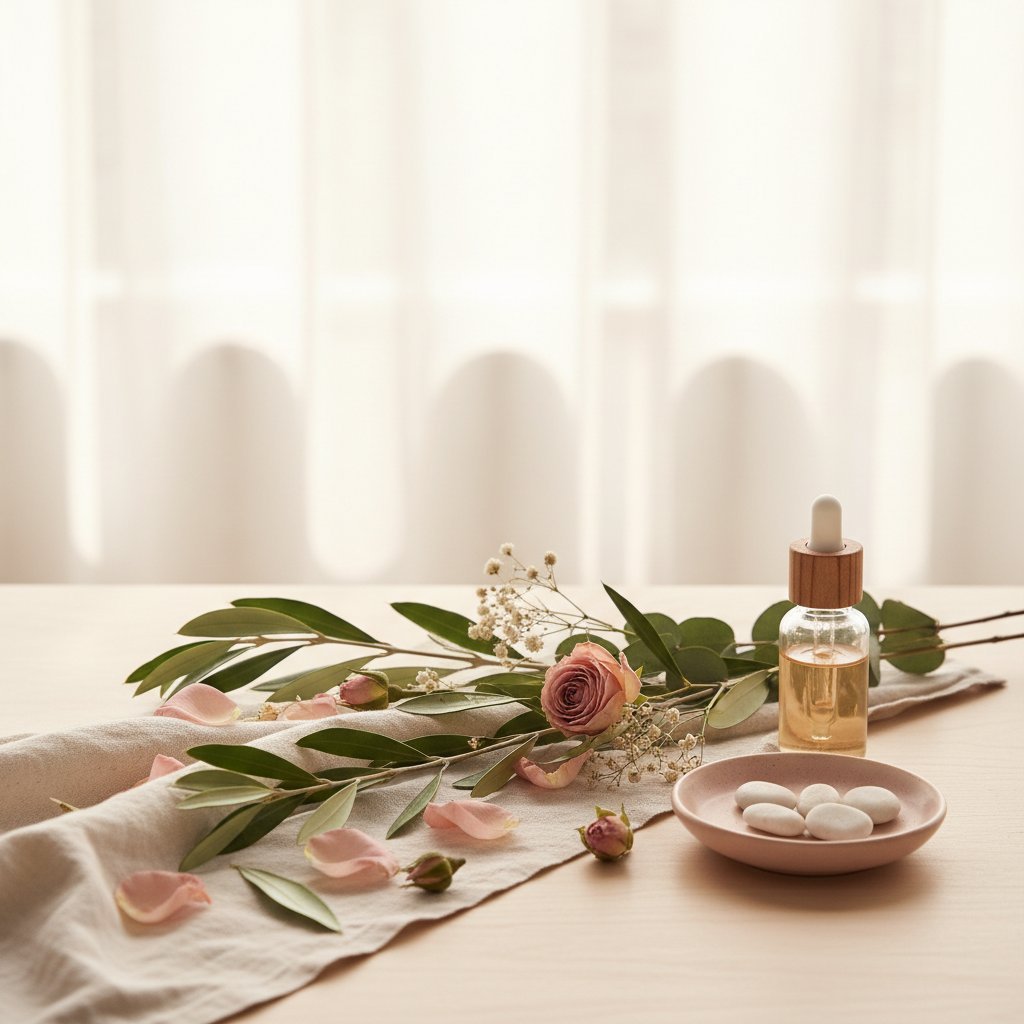 Serene spa and wellness display with rose, greenery, essential oil bottle, and white stones on pale fabric